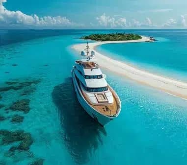 Luxury yacht near beach with turquoise waters
